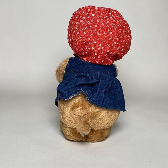 1981 Dakin Plush Puppy Dog Stuffed Animal w Red Bonnet Denim Dress Vintage - Picture 4 of 8